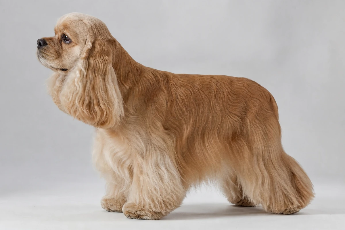 Adult American Cocker Spaniel with a buff-colored coat and flowing feathering