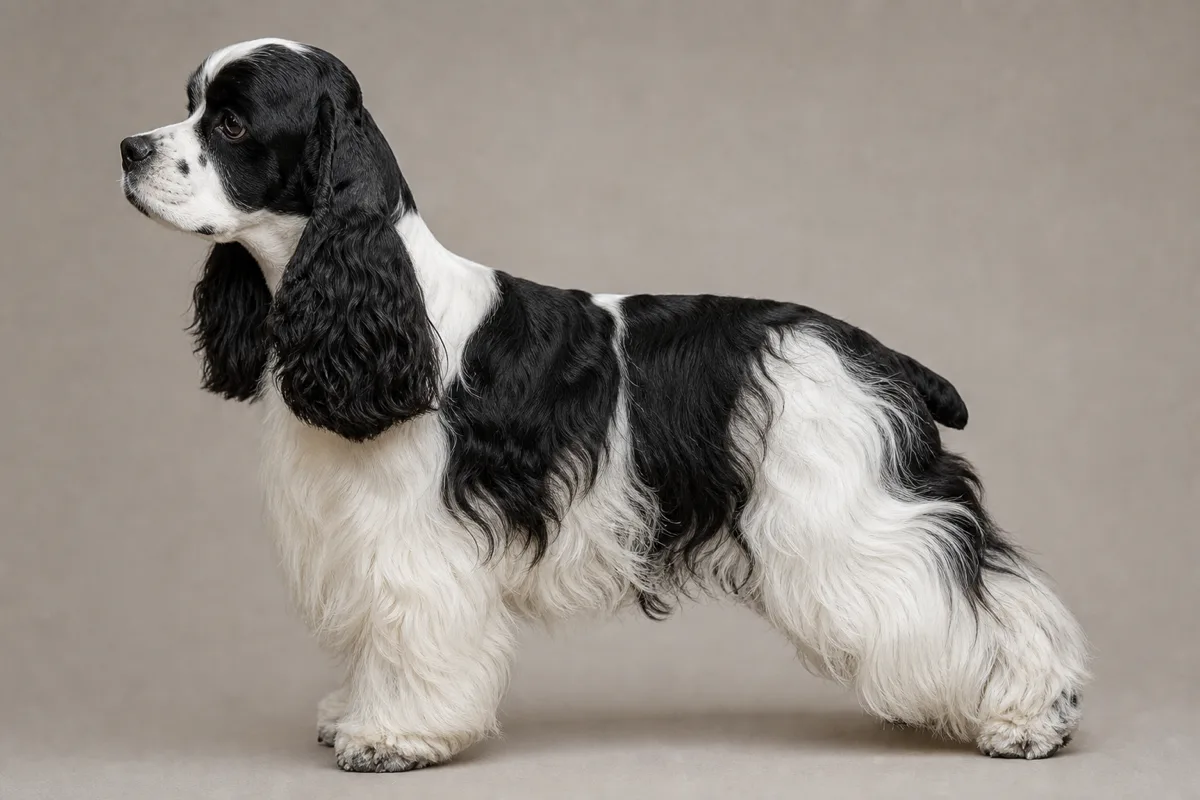 Adult American Cocker Spaniel with a black and white parti-color coat