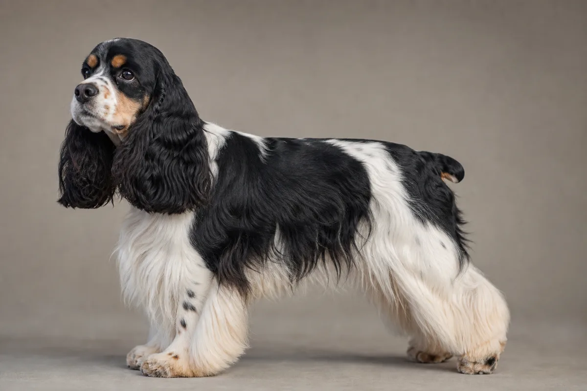 Adult tricolor American Cocker Spaniel with black and white pattern and defined tan points