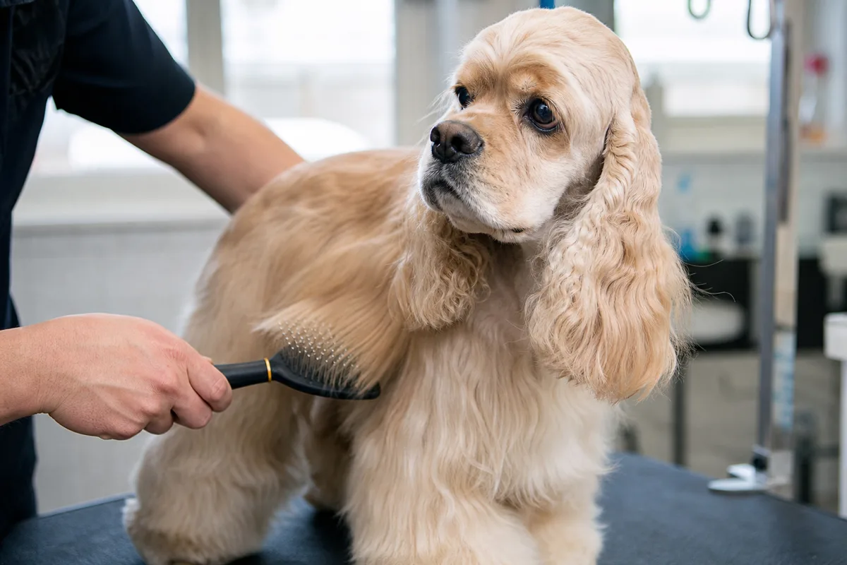 Groomer line-brushing the silky feathering of an American Cocker Spaniel with a slicker brush