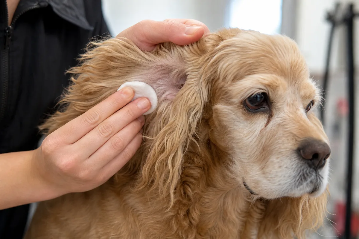 Hands gently checking and cleaning the feathered ear flap of an American Cocker Spaniel