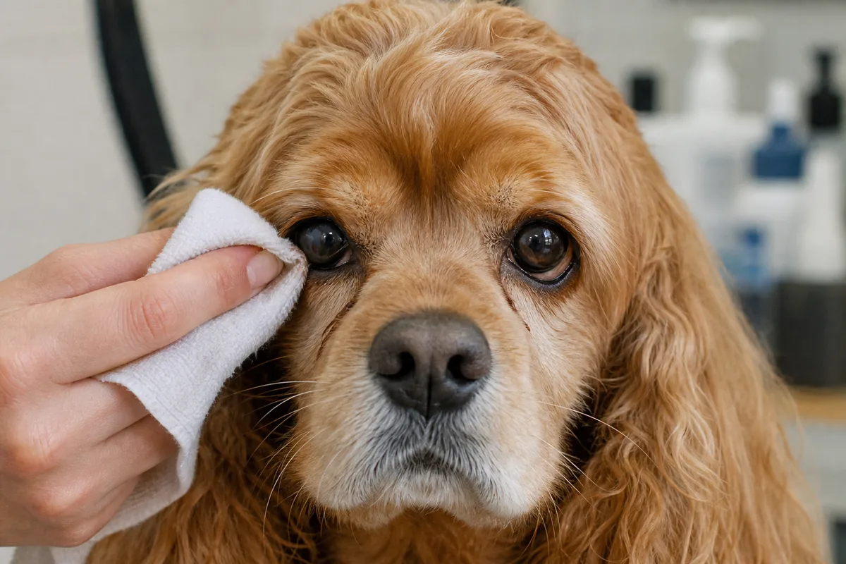 Groomer gently wiping around the eyes of an American Cocker Spaniel with a soft cloth