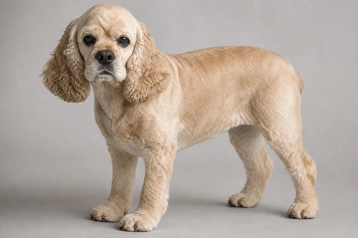 Adult American Cocker Spaniel in a neat companion trim with a shorter body coat