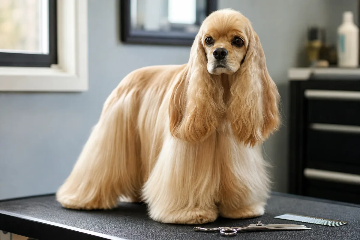 American Cocker Spaniel with a show trim and long silky feathering on a grooming table