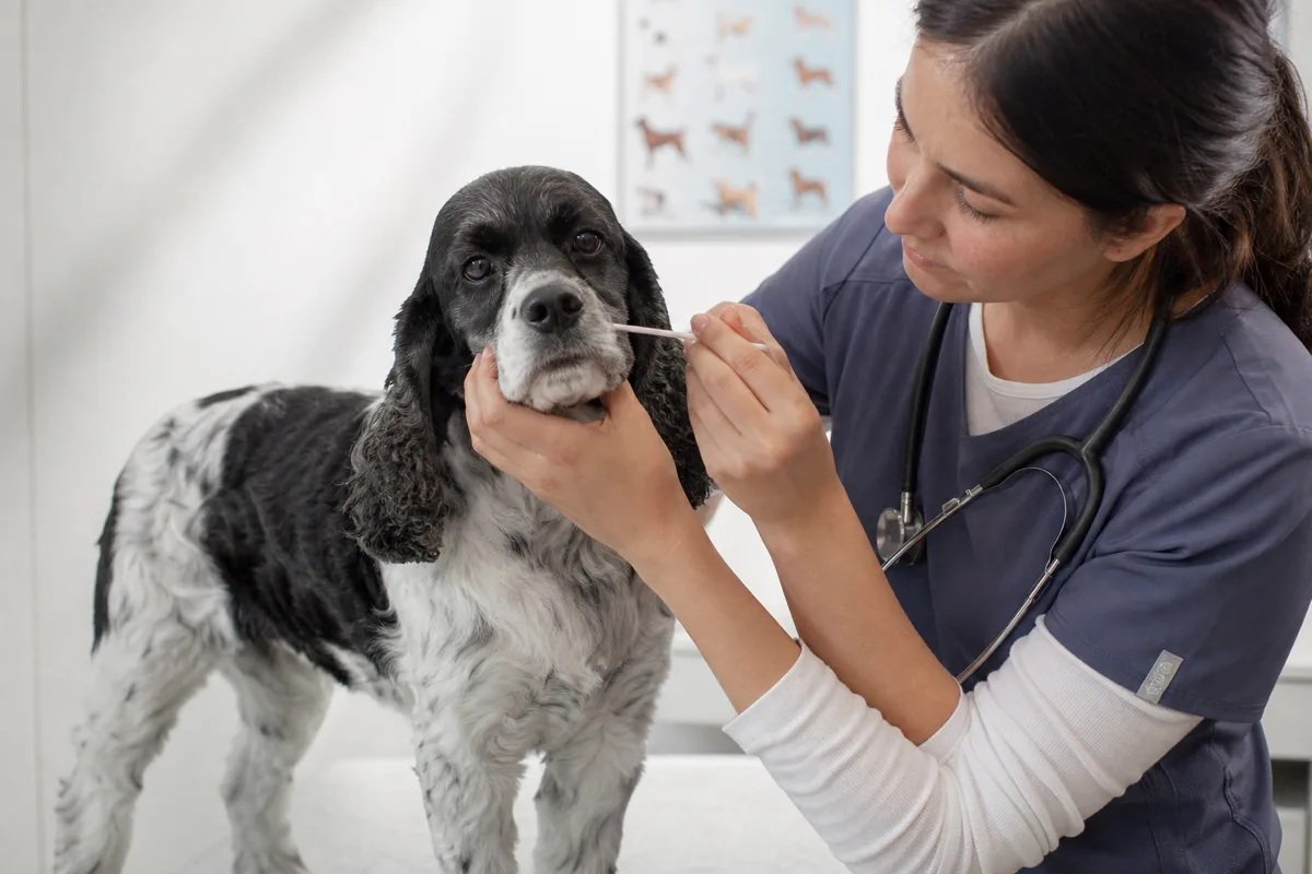Veterinarian collecting a cheek-swab DNA sample from an American Cocker Spaniel