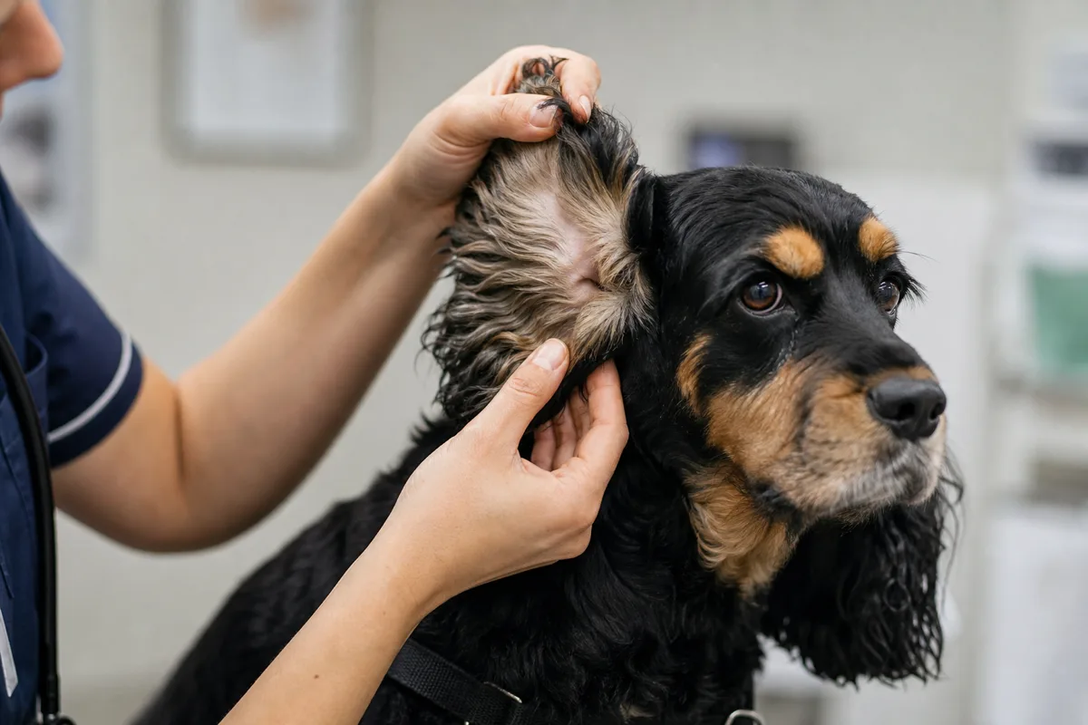 Veterinarian gently lifting and examining an American Cocker Spaniel's feathered ear
