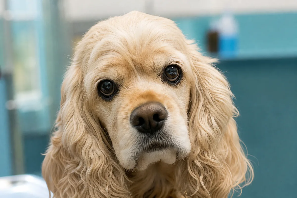 Close view of an American Cocker Spaniel's clear eyes in a veterinary clinic setting