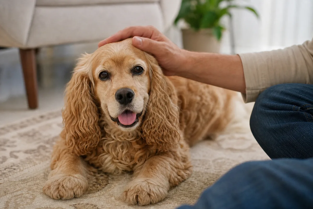 Relaxed buff American Cocker Spaniel receiving gentle attention at home