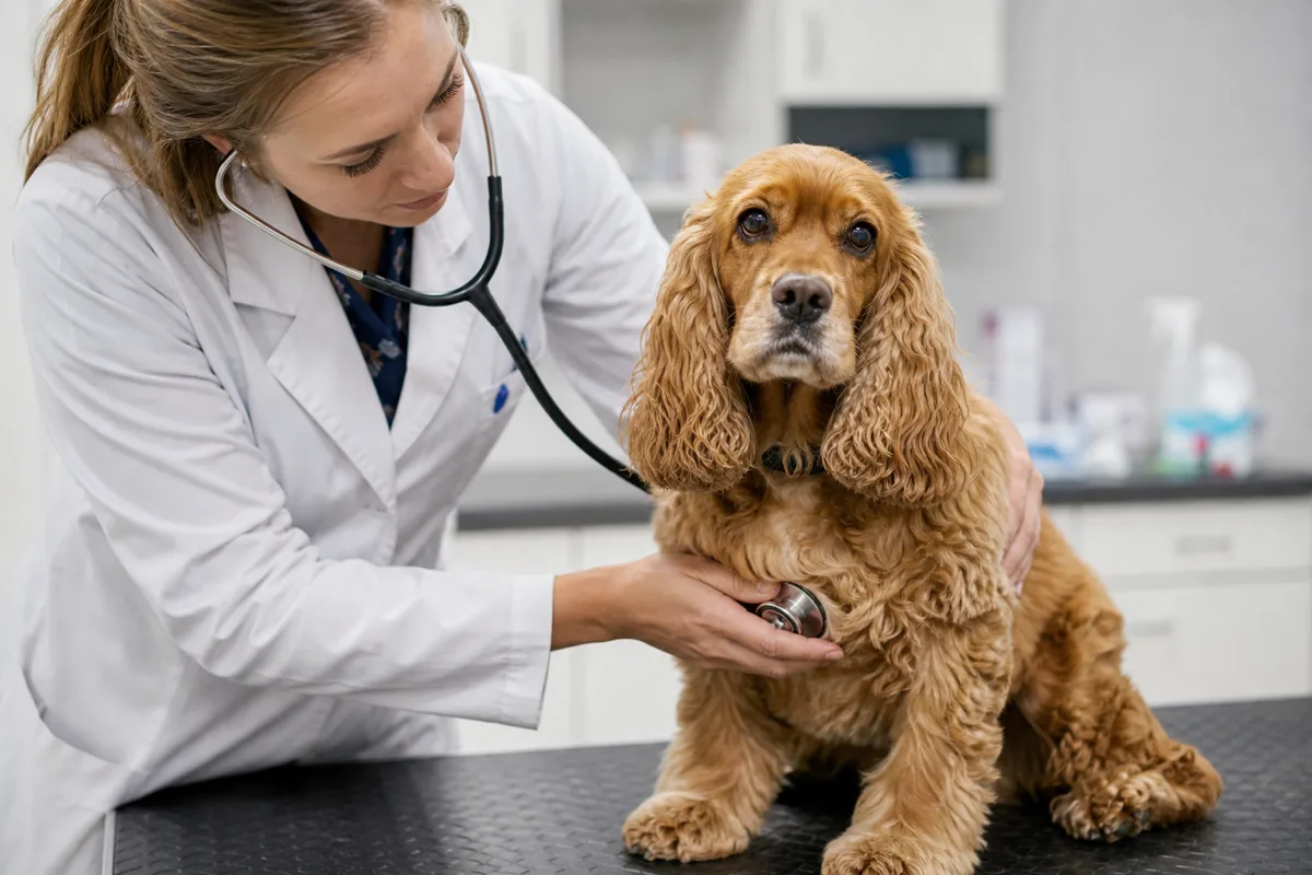 Veterinarian examining an American Cocker Spaniel with a stethoscope on an examination table