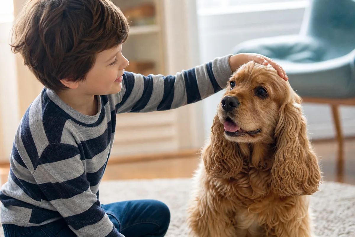 Young child gently stroking a golden-red American Cocker Spaniel in a bright living room