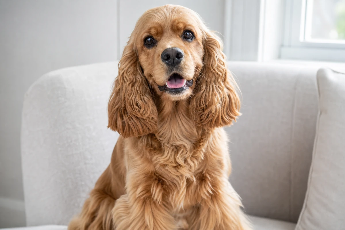 Adult golden-red American Cocker Spaniel sitting alert in a bright room