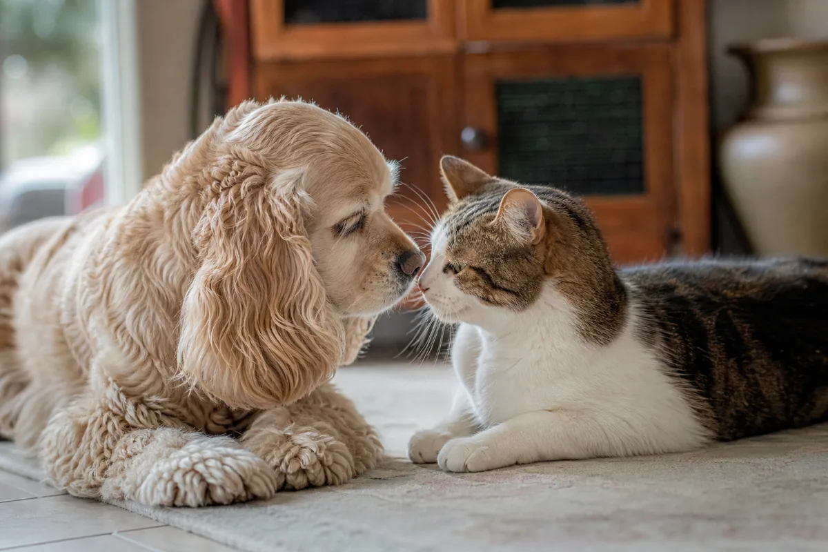 Buff American Cocker Spaniel calmly touching noses with a cat in a living room