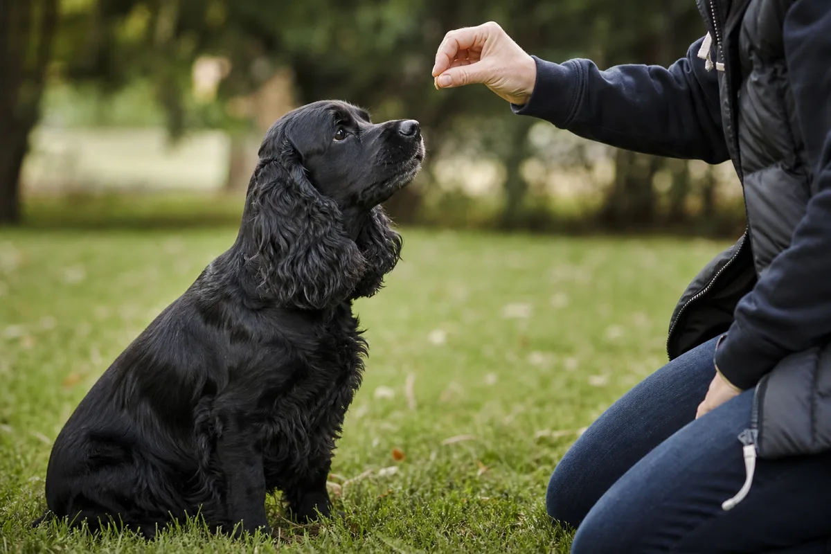 Black American Cocker Spaniel sitting and focusing on a trainer's food reward in a park